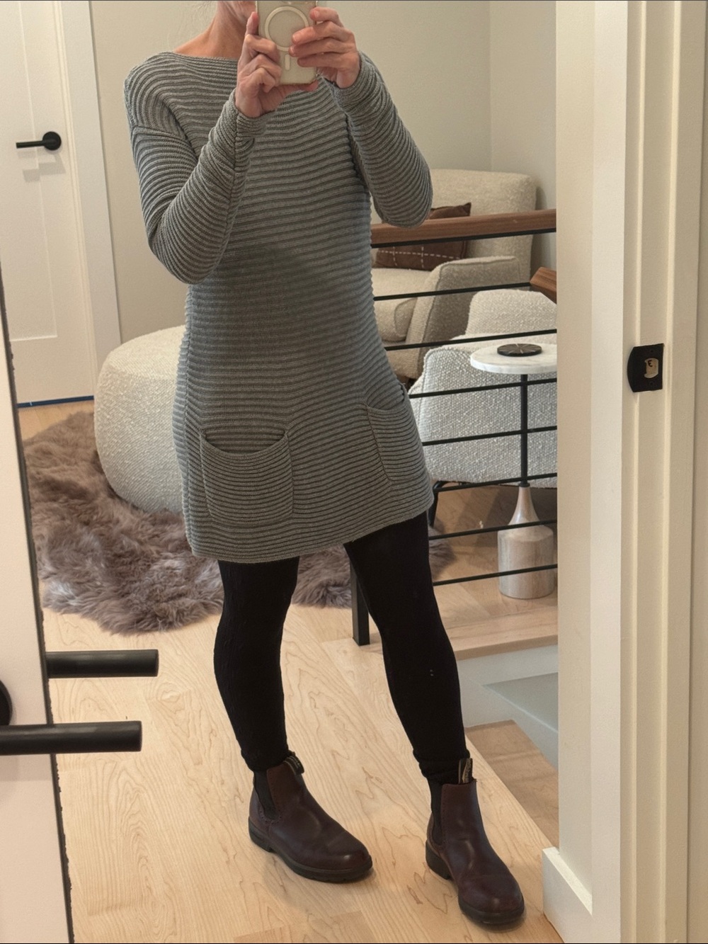 Vince Camuto Ribbed Boatneck Tunic Sweater Dress with Front Pockets XS